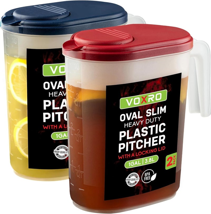 VOXRO 2-Pack Oval Slim Plastic Pitchers With Lids – 1 Gallon, Flip-Top Pivot Spout, Well-Gripped Handle, Water Jug, With Measuring Option, Ideal for Water, Juice & Iced Tea (Blue & Red) BPA Free - Image 1
